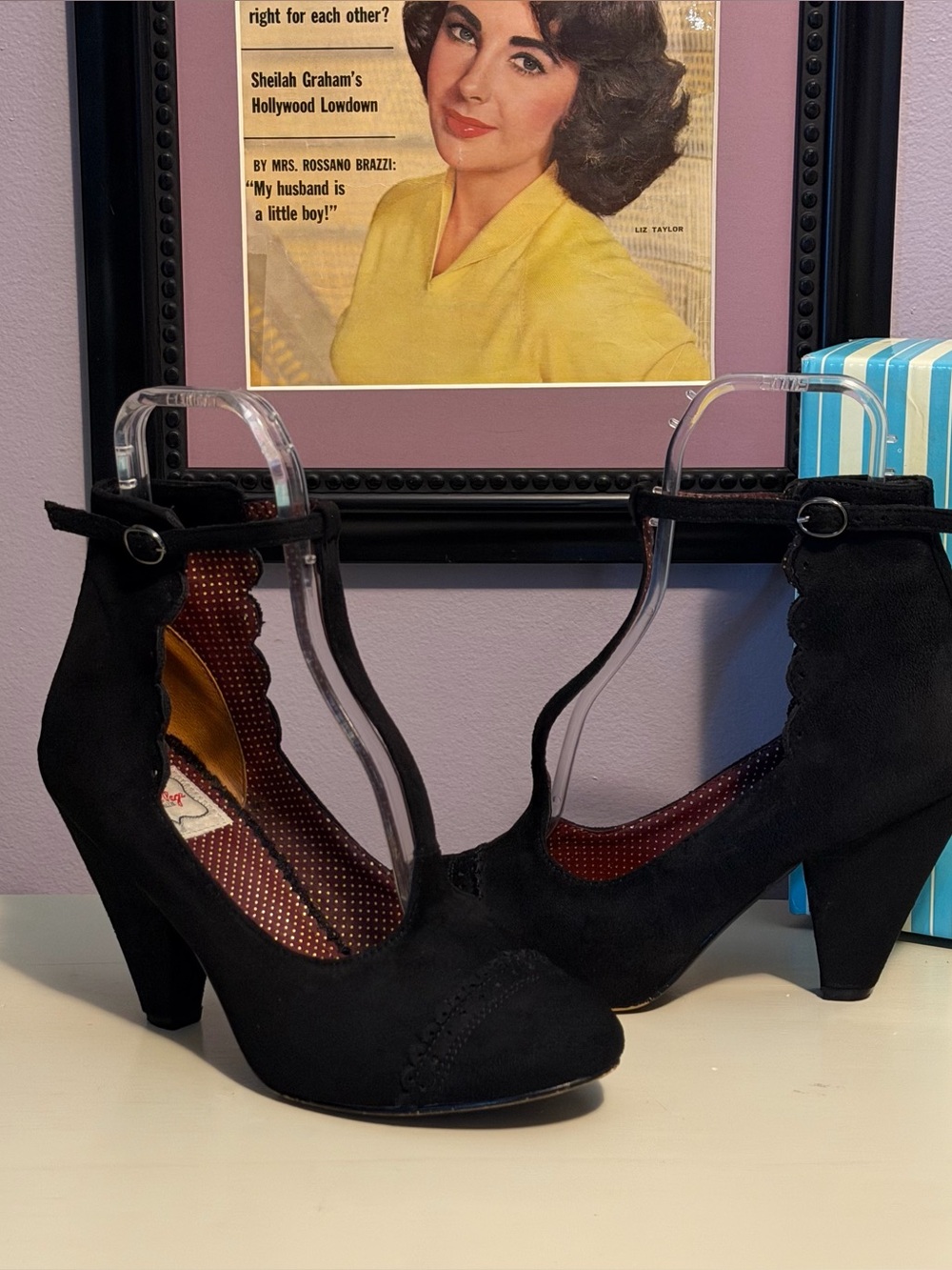 Bettie Page Retro Vio T Strap Heels Faux Suede Black